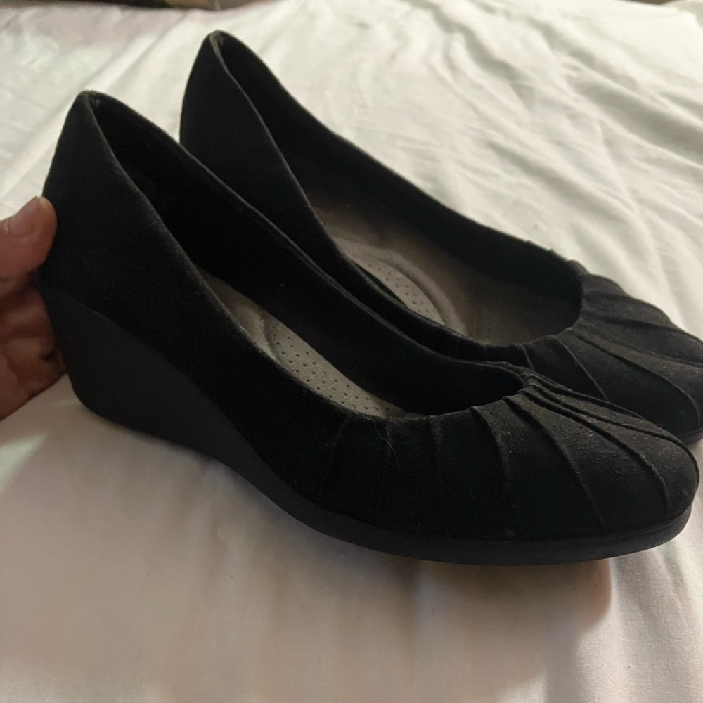 Black wedges size 8 1/2 W like new condition, never worn